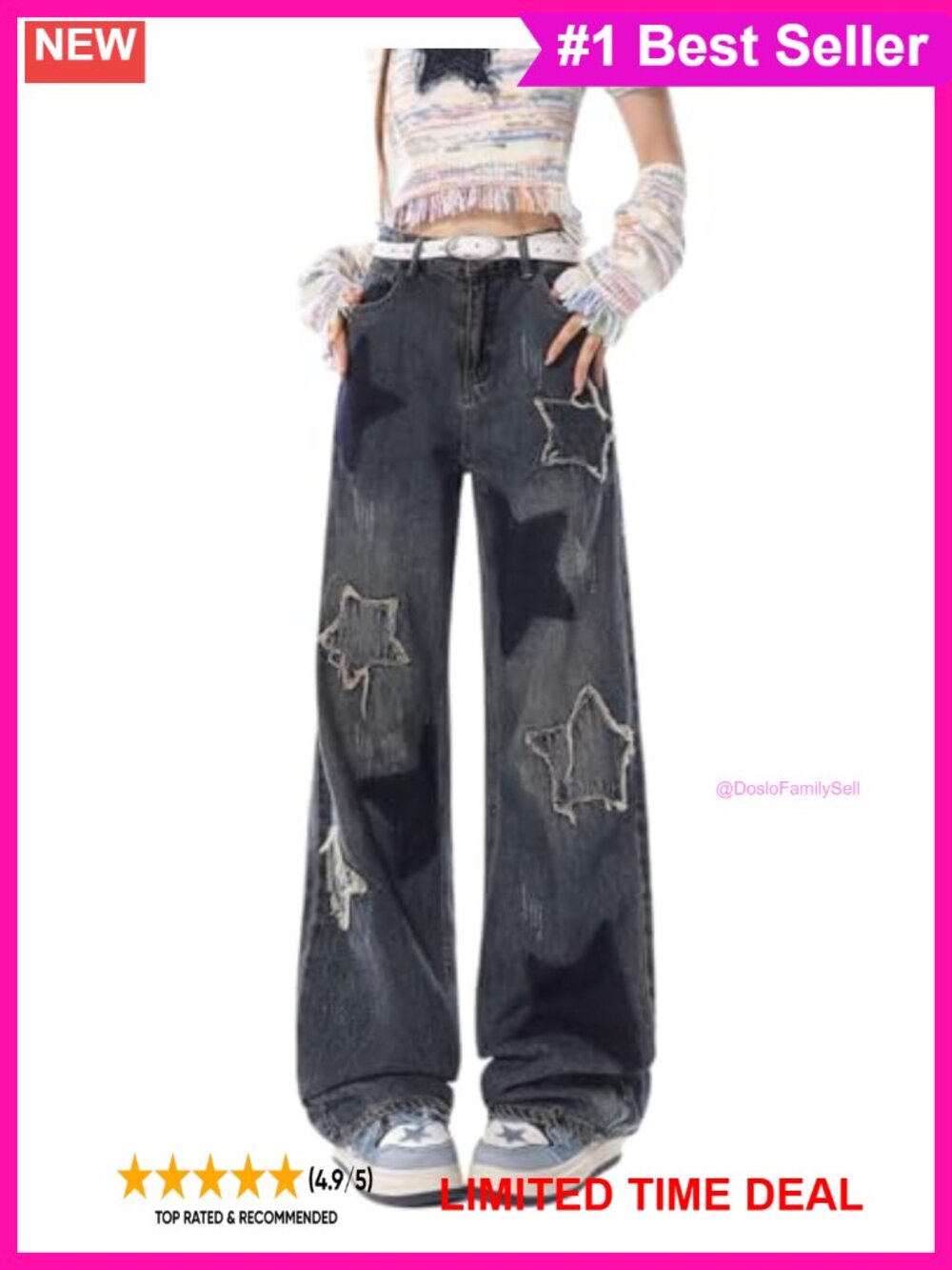 Women's High Rise Straight Leg Star Patchwork Denim Jeans Y2K Casual